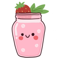 Isolated kawaii cute strawberry smoothie in plastic cup with a happy smile in transparent background. png