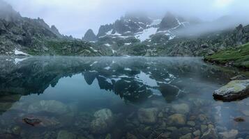 ai generado montaña lago rodeado por rocas foto