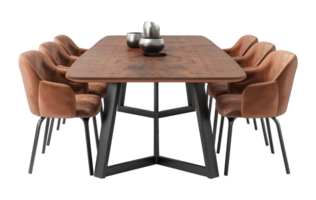 AI generated Stylish dining set with a wooden table and velvet chairs in rich caramel, on transparent background. Cut out dining room furniture. Front view. png