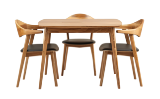 AI generated Mid-century modern dining set with wood table and chairs with leather upholstery, on transparent background, ideal for chic interiors. Cut out dining room furniture. Front view. png