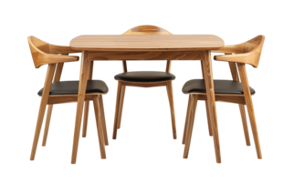 ai généré milieu du siècle moderne à manger ensemble avec bois table et chaises avec cuir tapisserie, sur transparent arrière-plan, idéal pour élégant intérieurs. Couper en dehors à manger pièce meubles. de face voir. png