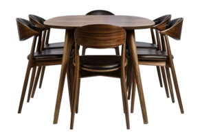 ai gegenereerd midden in de eeuw modern dining reeks met donker hout tafel en stoelen met leer bekleding, Aan transparant achtergrond, ideaal voor chique interieurs. besnoeiing uit dining kamer meubilair. voorkant visie. png