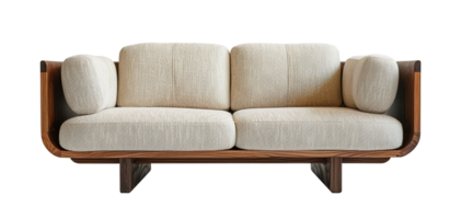 AI generated Front view of cozy, beige sofa with wooden frame, on transparent background. Cut out living room furniture. Contemporary, Scandinavian or Japandi style. png