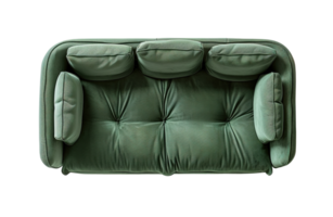 ai generato superiore Visualizza di verde, moderno divano, su trasparente sfondo. tagliare su vivente camera arredamento. contemporaneo, scandinavo stile. alto angolo Visualizza. nordico design. png