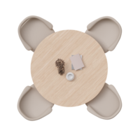 Overhead view of dining set with a wooden table and beige chairs. Round table on transparent background. Cut out furniture. Top view. Flat lay, floor plan elements. 3D rendering. png