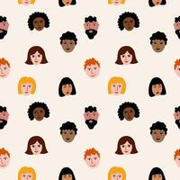 Multicultural characters with different skin and race, hand drawn seamless pattern, repeating background with peoples. Flat vector illustration Social network, friendship, community, nationalities