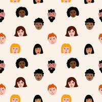 Multicultural characters with different skin and race, hand drawn seamless pattern, repeating background with peoples. Flat vector illustration Social network, friendship, community, nationalities