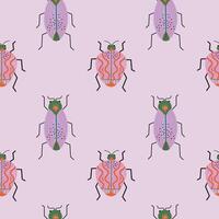 Beetles seamless pattern hand drawn flat vector illustration, fantastic bug repeating background. Decorative abstract Insect fantasy fauna species, wild life, animal. For textile, card, print, paper