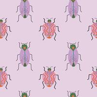 Beetles seamless pattern hand drawn flat vector illustration, fantastic bug repeating background. Decorative abstract Insect fantasy fauna species, wild life, animal. For textile, card, print, paper