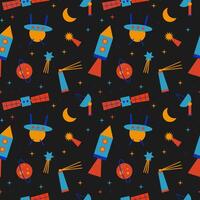 Space cartoon hand drawn vector seamless pattern.Repeating background with Satellite, rocket, ufo, comet, stars, planet. Cosmic for design, print, poster, label, card, paper, wrapping, flyer, textile