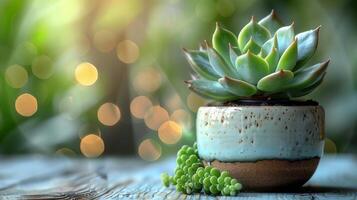 AI generated A small succulent plant sits on the table. Complete with potted plants and small leaves. photo