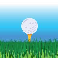 Golf tee and ball on grasses vector illustration isolated on blue sky square background. Simple flat cartoon art styled drawing.