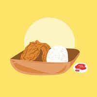 Fried chicken meal set with rice and hot chilli sauce condiment in paper bowl. Food vector illustration isolated on square yellow background. Simple flat cartoon art styled drawing.