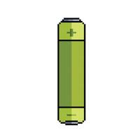 Green colored battery with plus and minus symbol. Pixel art retro vintage video game bit vector illustration isolated on square white background.