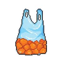 Orange fruits in clear transparent colored plastic bag. Pixel art retro vintage video game bit vector illustration. Simple flat drawing isolated on square white background.