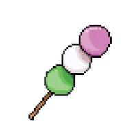 Dango colorful japanese rice flour dumplings on wooden stick. Pixel art retro vintage video game bit vector illustration. Simple flat drawing isolated on square white background.