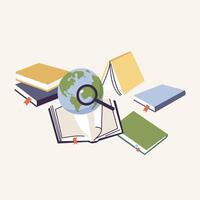 Vector illustration table with stacks of books and shool globe. Educational items