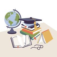 Vector illustration table with stacks of books and school globe, com-pas and pencil, graduation cap. Educational items