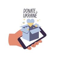 Vector Illustrations hand holding phone with donation box with hearts. Help for Ukraine