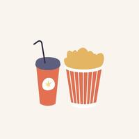 Vector illustration full popcorn bucket and soda drink cup with straw in retro style. Movie snacks