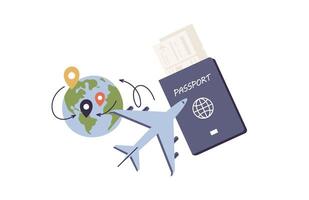 Vector Illustrations concept of tourism with travel items - passport, tickets, earth globe with points location and airplane