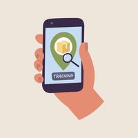 Vector Illustrations hand and holding mobile smart phone with app delivery tracking