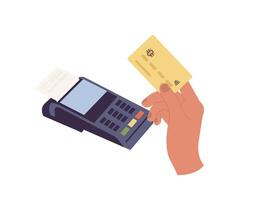 Vector illustration of POS terminal with check and hand holding a bank card. Wireless electronic payment and convenient financial transactions