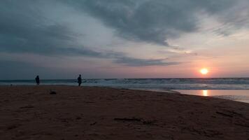 pessoas estão em pé em areia com Visão do mar pôr do sol. Ação. pessoas Veja às pôr do sol a partir de arenoso costa. lindo panorama com pessoas em areia em fundo do ondas e configuração Sol video