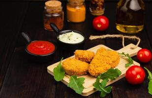 delicioso Fresco crujiente pollo pepitas en un oscuro de madera antecedentes. insalubre alimento, rápido comida foto