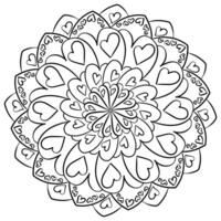 Flower mandala with heart symbols, meditative love coloring page vector