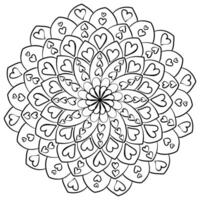 Simple linear mandala with hearts for kids and adults, valentine coloring page vector