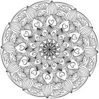 Mandala with striped petals and hearts, zen coloring page with fantasy patterns vector