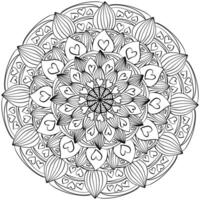 Mandala with striped petals and hearts, zen coloring page with fantasy patterns vector