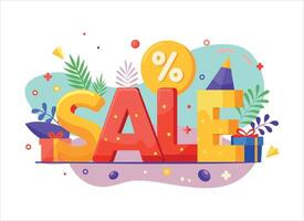 sale banner with colorful letters and objects vector