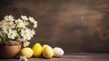 ai generado Pascua de Resurrección fiesta antecedentes con pintado huevos y floreciente flores primavera flores en maceta. rústico antecedentes con Copiar espacio. ai generativo foto