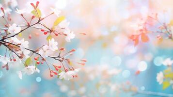 AI generated Spring background. Blurred background with cherry tree blossom. Blooming spring nature. Romantic sunny day. Copy space. AI Generative photo