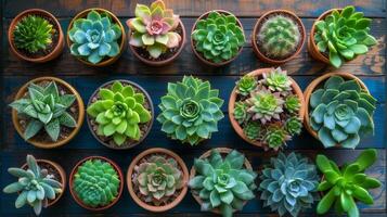 AI generated Top view showing various succulents growing on a wooden table in natural light. photo