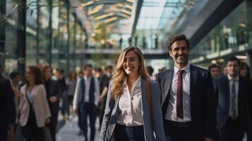 AI generated Dynamic couple partners in formal attire confidently navigates crowd in high-tech business hub photo