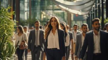 AI generated Joyful businesswoman in formal attire walking in state-of-the-art business hub with male coworkers photo