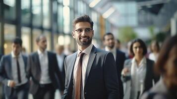 AI generated Attractive young businessman in glasses and suit smiling, standing in modern crowded business center photo