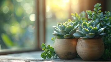 AI generated A small succulent plant sits on the table. Complete with potted plants and small leaves. photo