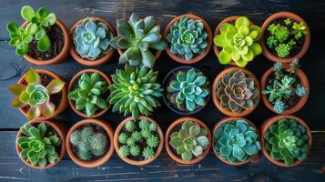 AI generated Top view showing various succulents growing on a wooden table in natural light. photo