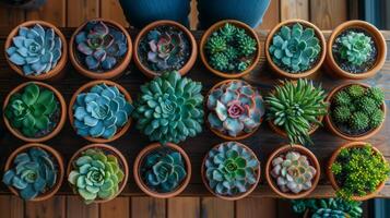 AI generated Top view showing various succulents growing on a wooden table in natural light. photo