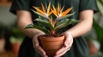 AI generated A miniature bird of paradise plant housed in a terracotta pot. photo