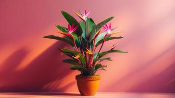 AI generated A miniature bird of paradise plant housed in a terracotta pot. photo