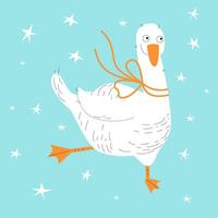 Vector crazy cute white goose or duck with bow  and hand drawn stars pattern in doodle style.