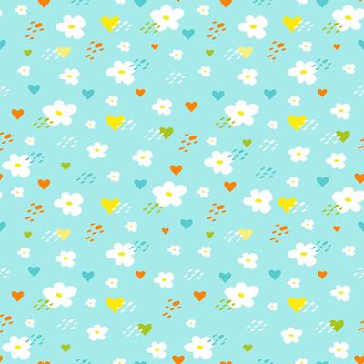 Seamless bright spring or summer floral vector pattern. Background with small plants, daisy flowers, hearts, dots.
