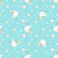 Vector seamless crazy white goose or duck with bow  and hand drawn doodle stars pattern.