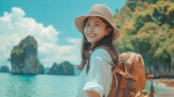 AI generated Young woman with backpack traveling alone on top of a tropical island mountain on a sunny summer day. photo