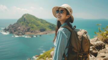 ai generado joven mujer con mochila de viaje solo en parte superior de un tropical isla montaña en un soleado verano día. foto